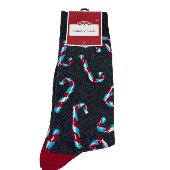 NEW Holiday Time Candy Cane Men's Crew Socks Gray Red Blue Size 6-12 NWT Walmart - Picture 1 of 3